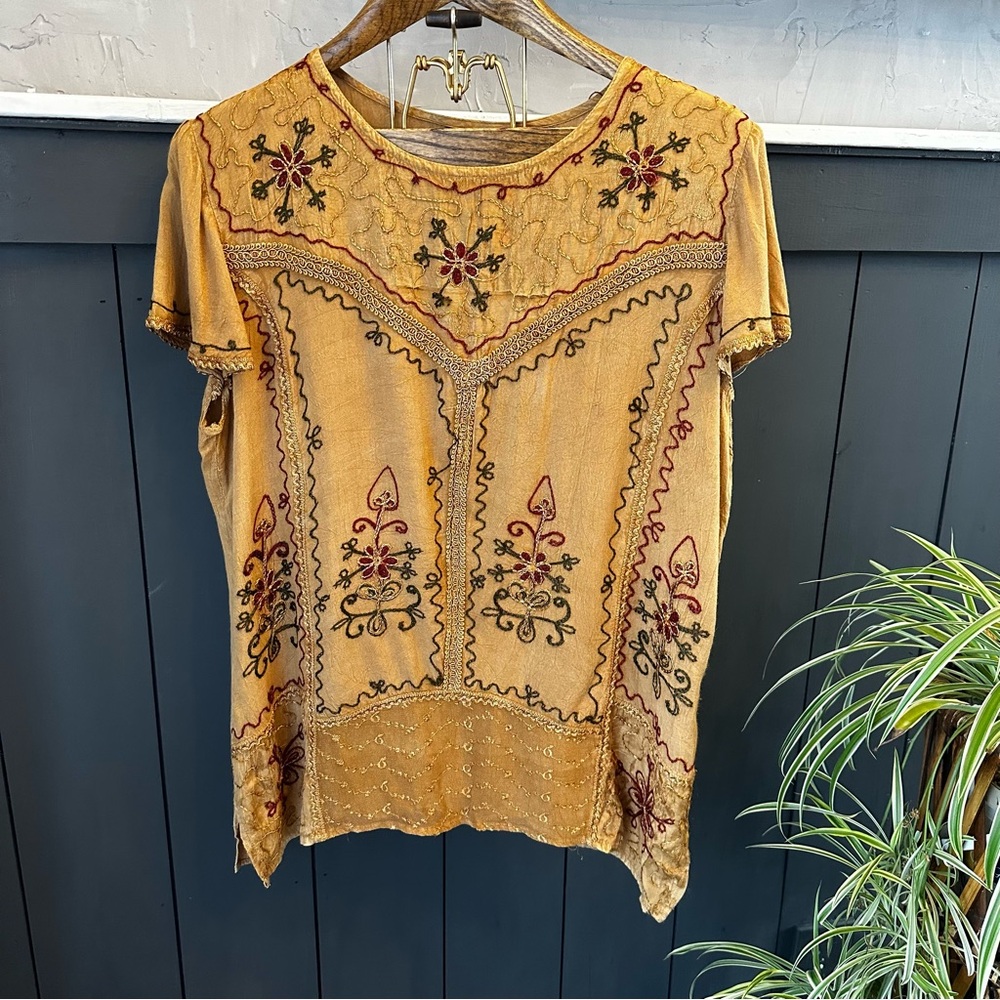 Elegant Floral Embroidered Top in Mustard